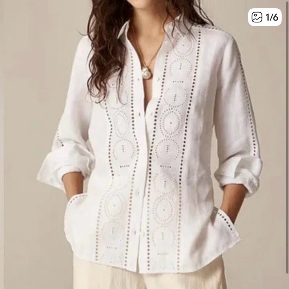 J. Crew Garçon Classic Shirt in Eyelet Linen, White, size 12 NWT